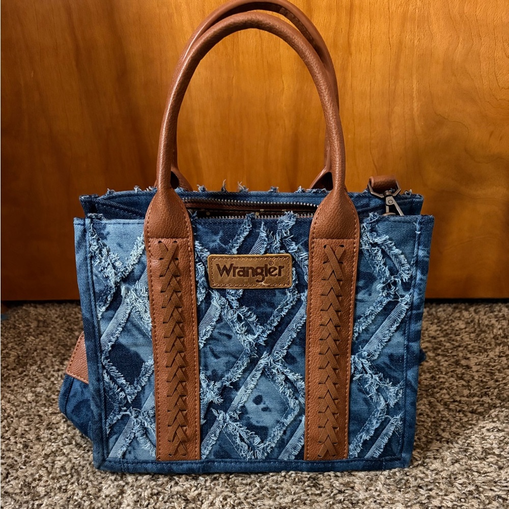Wrangler Blue Denim Tote with Brown Leather Trim